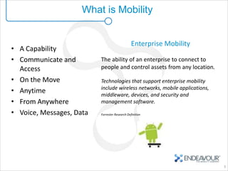 What is Mobility


                                                Enterprise Mobility
• A Capability
• Communicate and         The ability of an enterprise to connect to
  Access                  people and control assets from any location.

• On the Move             Technologies that support enterprise mobility
                          include wireless networks, mobile applications,
• Anytime                 middleware, devices, and security and
• From Anywhere           management software.

• Voice, Messages, Data   Forrester Research Definition




                                                                            3
 