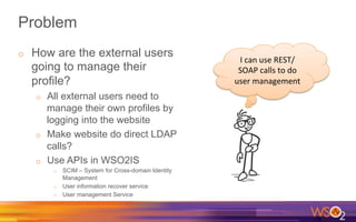 Problem
o  How are the external users
going to manage their
profile?
o  All external users need to
manage their own profiles by
logging into the website
o  Make website do direct LDAP
calls?
o  Use APIs in WSO2IS
o  SCIM – System for Cross-domain Identity
Management
o  User information recover service
o  User management Service
I	can	use	REST/
SOAP	calls	to	do	
user	management	
 