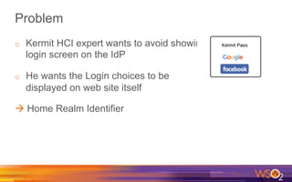 Problem
o  Kermit HCI expert wants to avoid showing
login screen on the IdP
o  He wants the Login choices to be
displayed on web site itself
à Home Realm Identifier
 