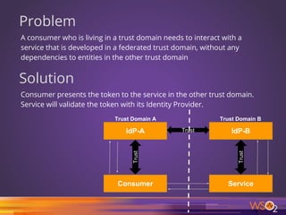 Problem
A consumer who is living in a trust domain needs to interact with a
service that is developed in a federated trust domain, without any
dependencies to entities in the other trust domain
Solution
Consumer presents the token to the service in the other trust domain.
Service will validate the token with its Identity Provider.
IdP-A IdP-B
Consumer Service
Trust
Trust
Trust
Trust Domain A Trust Domain B
15
 