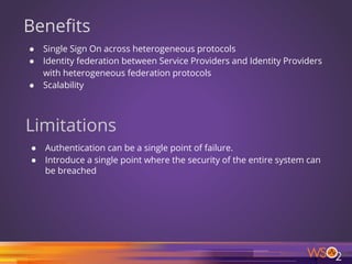 Benefits
● Single Sign On across heterogeneous protocols
● Identity federation between Service Providers and Identity Providers
with heterogeneous federation protocols
● Scalability
Limitations
● Authentication can be a single point of failure.
● Introduce a single point where the security of the entire system can
be breached
26
 