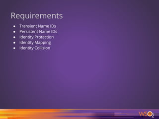 Requirements
● Transient Name IDs
● Persistent Name IDs
● Identity Protection
● Identity Mapping
● Identity Collision
51
 