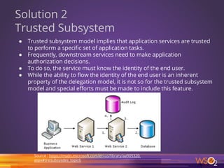55
Solution 2
Trusted Subsystem
● Trusted subsystem model implies that application services are trusted
to perform a specific set of application tasks.
● Frequently, downstream services need to make application
authorization decisions.
● To do so, the service must know the identity of the end user.
● While the ability to flow the identity of the end user is an inherent
property of the delegation model, it is not so for the trusted subsystem
model and special efforts must be made to include this feature.
Source : https://msdn.microsoft.com/en-us/library/aa905320.
aspx#trstsubsysdes_topic6
 