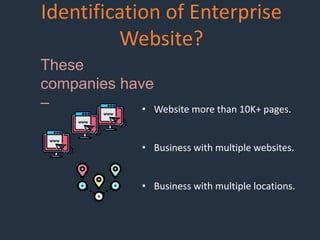 Identification of Enterprise
Website?
• Website more than 10K+ pages.
• Business with multiple websites.
• Business with multiple locations.
These
companies have
–
 