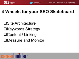 @nagini_i   New York | March 19–23, 2012 | #sesny




4 Wheels for your SEO Skateboard

Site Architecture
Keywords Strategy
Content / Linking
Measure and Monitor
 