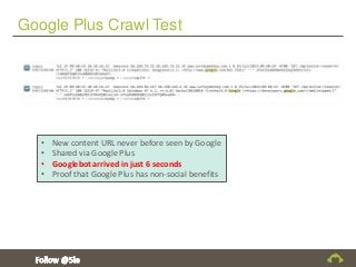 Google Plus Crawl Test
• New content URL never before seen by Google
• Shared via Google Plus
• Googlebot arrived in just 6 seconds
• Proof that Google Plus has non-social benefits
 