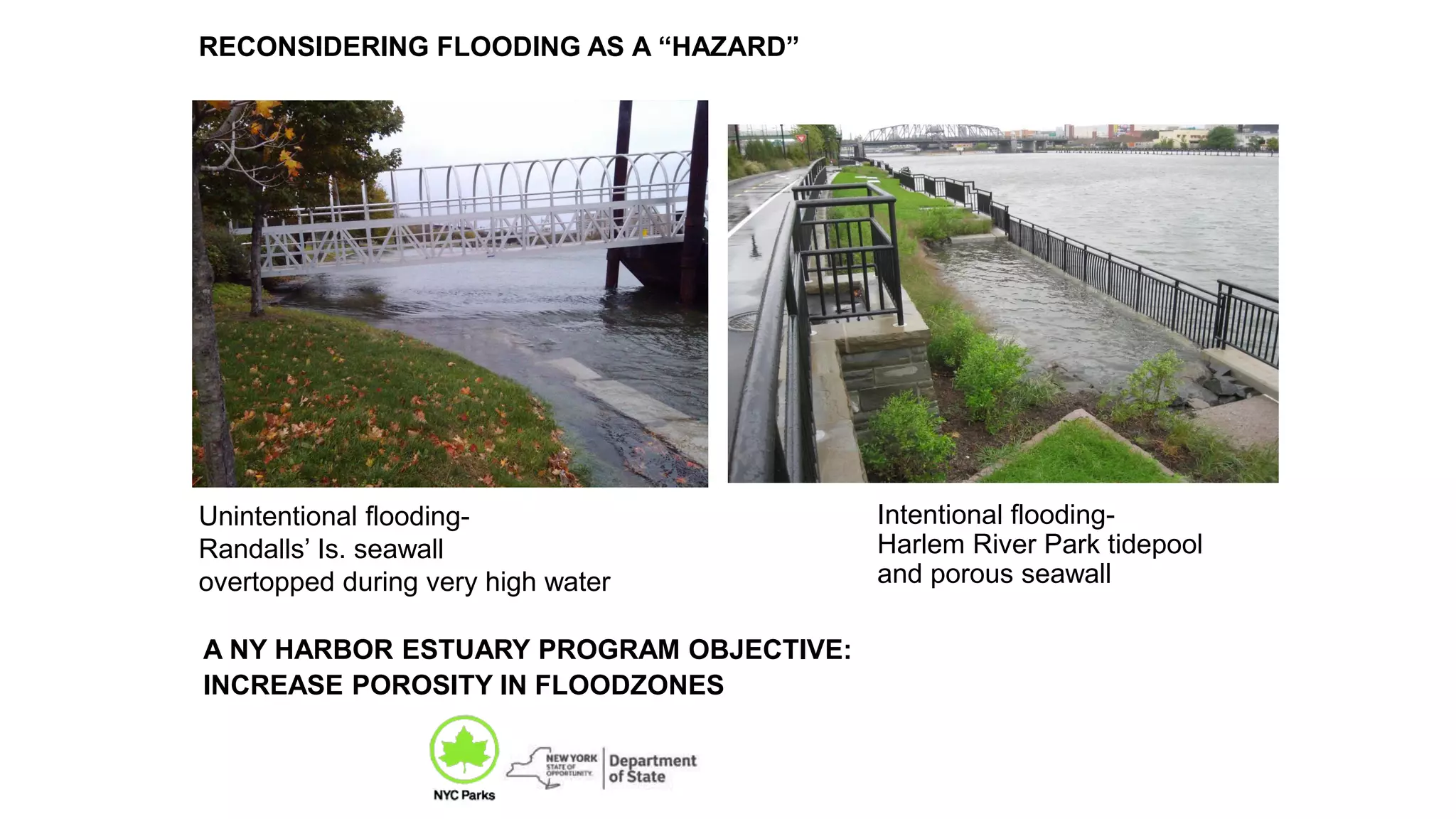 Intentional flooding-
Harlem River Park tidepool
and porous seawall
A NY HARBOR ESTUARY PROGRAM OBJECTIVE:
INCREASE POROSITY IN FLOODZONES
Unintentional flooding-
Randalls’ Is. seawall
overtopped during very high water
RECONSIDERING FLOODING AS A “HAZARD”
 
