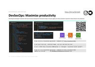 14 | © 2020. For information, contact Deloitte Touche Tohmatsu Limited.
DevSecOps: Maximize productivity
Extending the developer's toolchain with local serverless development frameworks helps to improve agility and reduces iterations required to release features into production.
E N T E R P R I S E S E R V E R L E S S
$ aws s3 mb s3://localstack-app-bucket --endpoint-url http://localhost:4566
$ sam local start-api --skip-pull-image --env-vars sam-local.env.json
$ curl -X POST http://localhost:3000/upload -d '{"message": "localstack bucket upload"}'
$ aws s3 ls s3://localstack-app-bucket --endpoint-url http://localhost:4566
2020-07-22 13:33:56 39 84bb000d2a5adde8e86ad16fedcd833e.file
https://bit.ly/3jFcGdD
 
