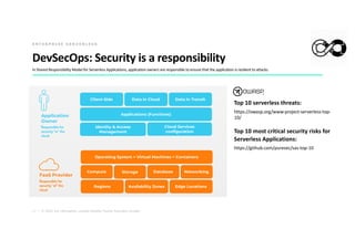 17 | © 2020. For information, contact Deloitte Touche Tohmatsu Limited.
DevSecOps: Security is a responsibility
In Shared Responsibility Model for Serverless Applications, application owners are responsible to ensure that the application is resilient to attacks.
E N T E R P R I S E S E R V E R L E S S
Top 10 most critical security risks for
Serverless Applications:
https://github.com/puresec/sas-top-10
https://owasp.org/www-project-serverless-top-
10/
Top 10 serverless threats:
 
