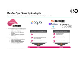 20 | © 2020. For information, contact Deloitte Touche Tohmatsu Limited.
DevSecOps: Security in-depth
Improving code centric security as well as ensuring runtime security is critical, especially when dealing with customer data.
E N T E R P R I S E S E R V E R L E S S
• Runtime Protection (Function Self Protection)
ü detects and stops application attacks
(SQL injection, XSS, etc.)
ü profiles function and application
behaviour
ü detects and prevents an anomaly
behaviours
• Risk Assessment (Proact)
ü scans function before deployment
ü detects permissive roles
ü detects vulnerable dependencies
ü detects hardcoded credentials
ü checks rules violation
 