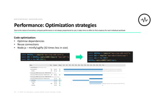 26 | © 2020. For information, contact Deloitte Touche Tohmatsu Limited.
Performance: Optimization strategies
Due to the nature of serverless compute performance is not always proportional to cost, it takes time an effort to find a balance for each individual workload
E N T E R P R I S E S E R V E R L E S S
Code optimization:
• Optimise dependencies
• Reuse connections
• Node.js – minify/uglify (32 times less in size)
 