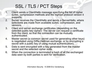SSL / TLS / PCT Steps
1.
2.
3.

4.
5.
6.

Client sends a ClientHello message specifying the list of cipher
suites, compression methods and the highest protocol version it
supports.
Server receives the ClientHello and sends a ServerHello, where
selections are made from available suites, compression, and
versions.
Client and server exchange certificates (depending on the
selected public key cipher) The server can request a certificate
from the client, so that the connection can be mutually
authenticated.
Master secret (a common secret used for generating other keys)
is negotiated using Diffie-Hellman exchange, or by encrypting a
secret with a public key (if using mutual authentication).
Data is sent encrypted with a key generated from the master
secret and the selected cipher suite.
When the connection is terminated a hash of all the exchanged
data seen by both parties is sent for verification.

Information Security © 2006 Eric Vanderburg

 