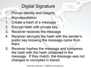 Digital Signature
•
•
1.
2.
3.
4.

Proves identity and integrity
Non-repudiation
Create a hash of a message
Encrypt hash with private key
Receiver receives the message
Receiver decrypts the hash with the sender’s
public key knowing the message came from
them.
5. Receiver hashes the message and compares
the hash with the hash contained in the
message. If they match, the message was not
changed or corrupted in transit.
Information Security © 2006 Eric Vanderburg

 