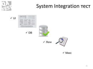 System Integration тест
 UI
 DB
 Логи
 Микс
21
 