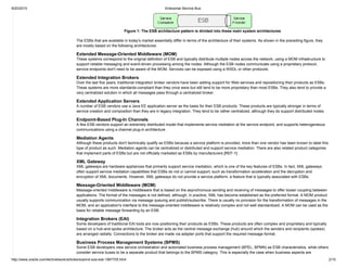 9/20/2015 Enterprise Service Bus
http://www.oracle.com/technetwork/articles/soa/ind­soa­esb­1967705.html 2/10
Figure 1: The ESB architecture pattern is divided into these main system architectures
The ESBs that are available in today's market essentially differ in terms of the architecture of their systems. As shown in the preceding figure, they
are mostly based on the following architectures:
Extended Message­Oriented Middleware (MOM)
These systems correspond to the original definition of ESB and typically distribute multiple nodes across the network, using a MOM infrastructure to
support reliable messaging and event­driven processing among the nodes. Although the ESB nodes communicate using a proprietary protocol,
service endpoints don't need to be aware of the MOM. Services can be exposed using a WSDL or other protocols.
Extended Integration Brokers
Over the last five years, traditional integration broker vendors have been adding support for Web services and repositioning their products as ESBs.
These systems are more standards­compliant than they once were but still tend to be more proprietary than most ESBs. They also tend to provide a
very centralized solution in which all messages pass through a centralized broker.
Extended Application Servers
A number of ESB vendors use a Java EE application server as the basis for their ESB products. These products are typically stronger in terms of
service creation and composition than they are in legacy integration. They tend to be rather centralized, although they do support distributed nodes.
Endpoint­Based Plug­In Channels
A few ESB vendors support an extremely distributed model that implements service mediation at the service endpoint, and supports heterogeneous
communications using a channel plug­in architecture
Mediation Agents
Although these products don't technically qualify as ESBs because a service platform is provided, more than one vendor has been known to label this
type of product as such. Mediation agents can be centralized or distributed and support service mediation. There are also related product categories
that implement parts of ESBs but are not officially marketed as ESBs by manufacturers [REF­1]:
XML Gateway
XML gateways are hardware appliances that primarily support service mediation, which is one of the key features of ESBs. In fact, XML gateways
often support service mediation capabilities that ESBs do not or cannot support, such as transformation acceleration and the decryption and
encryption of XML documents. However, XML gateways do not provide a service platform, a feature that is typically associated with ESBs.
Message­Oriented Middleware (MOM)
Message­oriented middleware is middleware that is based on the asynchronous sending and receiving of messages to offer looser coupling between
applications. The format of the messages is not defined, although, in practice, XML has become established as the preferred format. A MOM product
usually supports communication via message queuing and publish/subscribe. There is usually no provision for the transformation of messages in the
MOM, and an application's interface to the message­oriented middleware is relatively complex and not well standardized. A MOM can be used as the
basis for reliable message forwarding by an ESB.
Integration Brokers (EAI)
Some developers of traditional EAI tools are now positioning their products as ESBs. These products are often complex and proprietary and typically
based on a hub­and­spoke architecture. The broker acts as the central message exchange (hub) around which the senders and recipients (spokes)
are arranged radially. Connections to the broker are made via adapter ports that support the required message format.
Business Process Management Systems (BPMS)
Some ESB developers view service orchestration and automated business process management (BPEL, BPMN) as ESB characteristics, while others
consider service buses to be a separate product that belongs to the BPMS category. This is especially the case when business aspects are
 