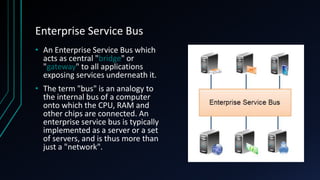 Enterprise Service Bus
• An Enterprise Service Bus which
acts as central "bridge" or
"gateway" to all applications
exposing services underneath it.
• The term "bus" is an analogy to
the internal bus of a computer
onto which the CPU, RAM and
other chips are connected. An
enterprise service bus is typically
implemented as a server or a set
of servers, and is thus more than
just a "network".
 