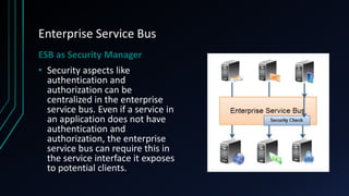 Enterprise Service Bus
ESB as Security Manager
• Security aspects like
authentication and
authorization can be
centralized in the enterprise
service bus. Even if a service in
an application does not have
authentication and
authorization, the enterprise
service bus can require this in
the service interface it exposes
to potential clients.
 