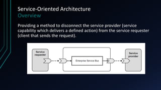 Service-Oriented Architecture
Overview
Providing a method to disconnect the service provider (service
capability which delivers a defined action) from the service requester
(client that sends the request).
 