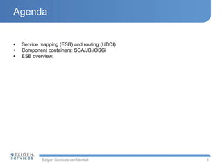 Agenda 
• Service mapping (ESB) and routing (UDDI) 
• Component containers: SCA/JBI/OSGi 
• ESB overview. 
Exigen Services...