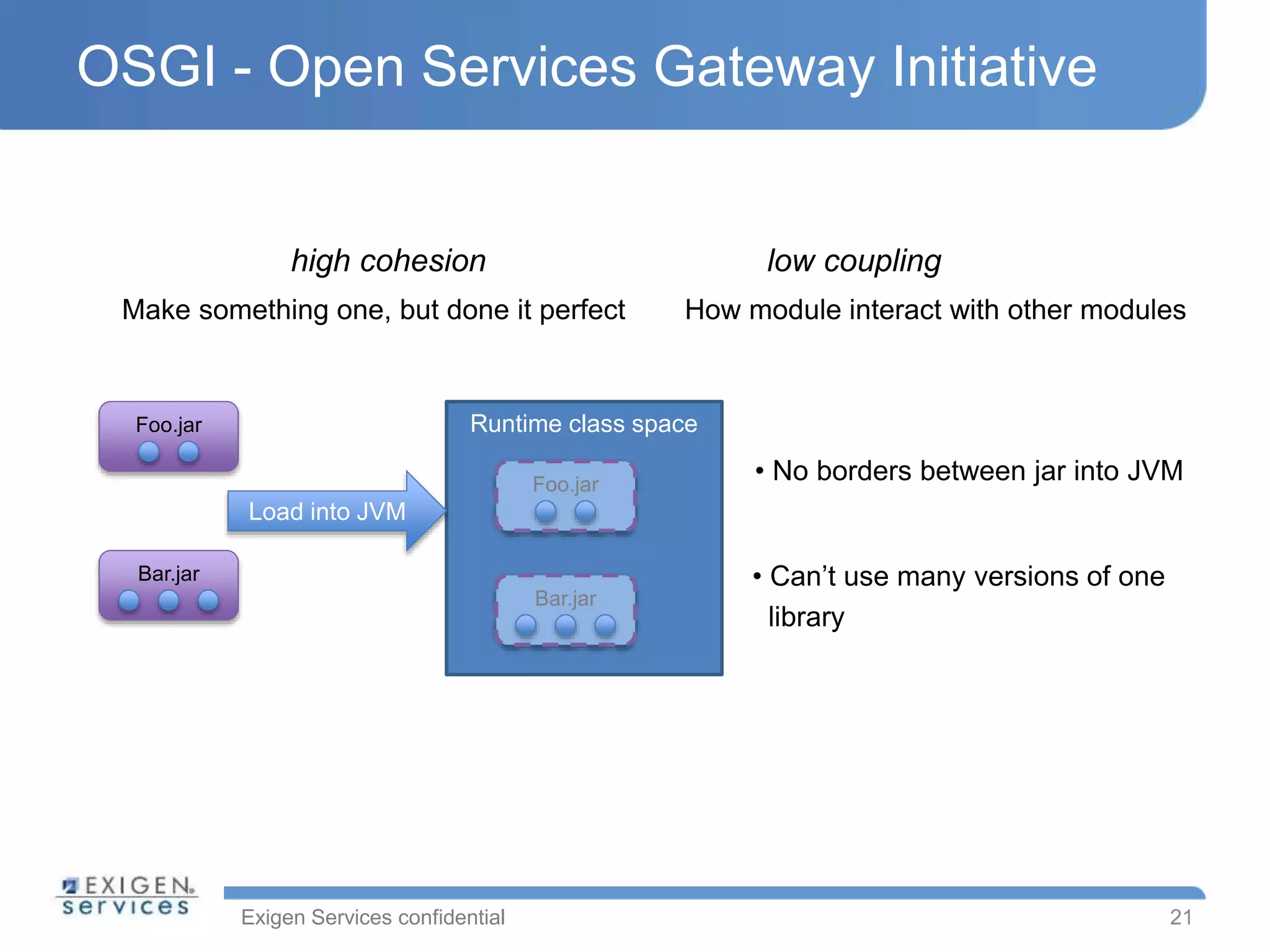 Exigen Services confidential
OSGI - Open Services Gateway Initiative
21
Foo.jar
Bar.jar
Runtime class space
Load into JVM
Foo.jar
Bar.jar
• No borders between jar into JVM
• Can’t use many versions of one
library
low couplinghigh cohesion
Make something one, but done it perfect How module interact with other modules
 