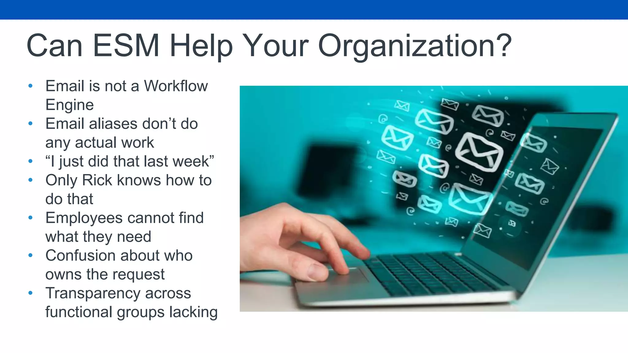 Can ESM Help Your Organization?
• Email is not a Workflow
Engine
• Email aliases don’t do
any actual work
• “I just did that last week”
• Only Rick knows how to
do that
• Employees cannot find
what they need
• Confusion about who
owns the request
• Transparency across
functional groups lacking
 