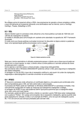 Versão: 2.0 www.marcelosincic.com.br Página 31 de 32
www.marcelosincic.com.br Reprodução e distribuição livre
RSA.ImportParameters(RSAKeyInfo);
byte[] Resultado;
//Decrypt the symmetric key and IV.
Resultado = RSA.Decrypt(Texto, false);
}
}
No códigos acima foi possível utilizar a RSA, mas precisamos ter gerado a chave completa e válida,
o que normalmente só é possível utilizando uma certificadora real na internet, como a VeriSign,
CertSign, Thawte, GlobalSign e GTE.
8.3 SSL
Secure Socket Layer é o processo onde utilizamos uma chave pública e privada de 1024 bits com
128 bits de criptografia na sessão.
O modelo é utilizado para comunicação em sockets como abordado na apostila de .NET Framework
Avançado.
O modo como as chaves publicas e privadas funcionam foi discutido no tópico anterior e podemos
fazer uma representação gráfica do processo como a seguir:
Figura 36 - Modelo assimétrico do SSL
Note que o termo assimétrico é utilizado exatamente porque o cliente usa a chave que só pode ser
aberta com a chave oposta, ou seja, o cliente utiliza a chave pública e o servidor precisa da chave
privada para abrir o pacote.
Como apenas o servidor possui a chave privada, a segurança está garantida.
Nos servidores web e Windows 2000/2003/XP podemos utilizar o SSL para segurança e criptografia
dos dados trafegados.
A vantagem no uso do SSL é que não é necessário codifica-lo, pois quem irá cuidar da criptografia,
negociação e descriptografia é o servidor envolvido na comunicação.
8.4 IPSEC
IP Secure é o processo onde utilizamos um certificado digital ou uma palavra pré-combinada entre
dois computadores para o SSL ser feito sobre toda a comunicação.
O processo de IPSEC pode ser habilitado no Windows 2000/2003/XP e o processo é simples, mas
manualmente configurado em todas as maquinas que desejamos criptografar o tráfego.
A vantagem do IPSEC é que nele podemos definir qual porta queremos que a criptografia esteja
ativa, bem como com qual cliente.
Por exemplo, podemos definir que entre o cliente e o servidor a porta 7000 deve estar criptografada
com a palavra “Politec”. Em outras comunicações não é necessário criptografia, apenas quando esta
porta especifica for utilizada. O SSL é um exemplo de IPSEC, uma vez que ele criptografa a porta
80, 110 e 25 comuns aos serviços prestados pelo servidor web.
 