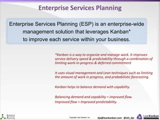 Copyright Lean Kanban Inc. dja@leankanban.com @LKI_dja
Enterprise Services Planning
*Kanban is a way to organize and manage work. It improves
service delivery speed & predictability through a combination of
limiting work-in-progress & deferred commitment
It uses visual management and Lean techniques such as limiting
the amount of work in progress, and probabilistic forecasting.
Kanban helps to balance demand with capability.
Balancing demand and capability = improved flow.
Improved flow = Improved predictability.
Enterprise Services Planning (ESP) is an enterprise-wide
management solution that leverages Kanban*
to improve each service within your business.
 