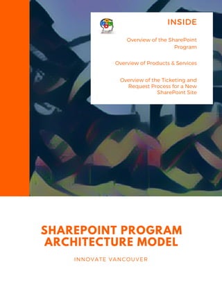 SHAREPOINT PROGRAM
ARCHITECTURE MODEL
INNOVATE VANCOUVER
INSIDE
Overview of the SharePoint
Program
Overview of Products & Services
Overview of the Ticketing and
Request Process for a New
SharePoint Site
 