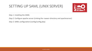 SETTING UP SAML (UNIX SERVER) 
Step 1. Installing the SAML 
Step 2. Configure apache server (Linking the <www> directory and apacheserver) 
Step 3. SAML configuration (config/config.php) 
(C) ARCHIT SHARMA 
 