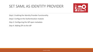 SET SAML AS IDENTITY PROVIDER 
Step1. Enabling the Identity Provider functionality 
Step2. Configure the Authentication module 
Step 3. Configuring the IdP open metadata 
Step 4. Adding SPs to the IdP 
(C) ARCHIT SHARMA 
 