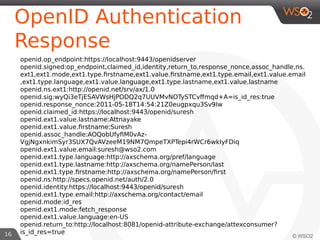 16
OpenID Authentication
Response
openid.op_endpoint:https://localhost:9443/openidserver
openid.signed:op_endpoint,claimed...