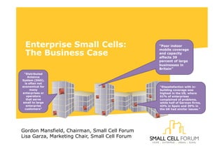 Enterprise Small Cells:
The Business Case
“Distributed
Antenna
System (DAS),
is often not
economical for
many
enterprises or
operators
that serve
small to large
enterprise
customers”

Gordon Mansfield, Chairman, Small Cell Forum
Lisa Garza, Marketing Chair, Small Cell Forum

“Poor indoor
mobile coverage
and capacity
affects 39
percent of large
businesses in
Britain”

“Dissatisfaction with inbuilding coverage was
highest in the US, where
61% of enterprises
complained of problems,
while half of German firms,
43% in Spain and 39% in
the UK had similar issues.”

 