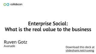 Enterprise Social:
What is the real value to the business
Ruven Gotz
Avanade Download this deck at
slideshare.net/ruveng
 