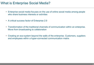 What is Enterprise Social Media?

    Enterprise social media focuses on the use of online social media among people
    ...