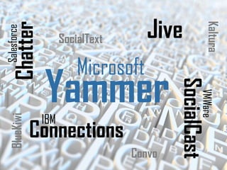 Yammer 
Jive 
Chatter 
IBM 
Microsoft 
SocialCast 
Connections 
VMWare 
Salesforce 
SocialText 
Convo 
Kaltura 
BlueKiwi  