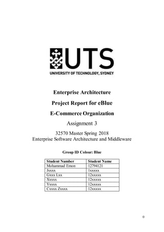 0
Enterprise Architecture
Project Report for eBlue
E-Commerce Organization
Assignment 3
32570 Master Spring 2018
Enterprise Software Architecture and Middleware
Group ID Colour: Blue
Student Number Student Name
Mohammad Emon 12794121
Jxxxx 1xxxxx
Gxxx Lxx 12xxxxx
Xxxxx 12xxxxx
Yxxxx 12xxxxx
Cxxxx Zxxxx 12xxxxx
 