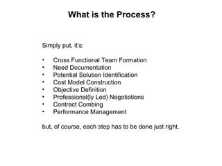 What is the Process? Simply put, it’s: Cross Functional Team Formation Need Documentation Potential Solution Identification Cost Model Construction Objective Definition Professional(ly Led) Negotiations Contract Combing Performance Management but, of course, each step has to be done just right. 