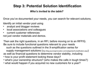 Step 3: Potential Solution Identification Who’s invited to the table? Once you’ve documented your needs, you can search for relevant solutions. Identify an initial vendor pool using  analyst and blogger reviews local associations and colleagues current customer references not just vendor materials and demos. Then ask the right questions, in an RFI, before moving on to an RFP/Q. Be sure to include functional questions relevant to your needs such as the questions outlined in the X-emplification series for  supply management solutions ( http://blog.sourcinginnovation.com/categories/X-emplification.aspx ) as well as financial questions to determine vendor stability, including how is your profit statement looking these days? what’s your ownership structure? (who makes the calls in tough times?) what would happen if you acquired no new customers for a year? 