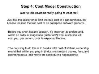 Step 4: Cost Model Construction What’s this solution really going to cost me? Just like the sticker price isn’t the true cost of a car purchase, the  license fee isn’t the true cost of an enterprise software platform. Before you short-list any solution, it’s important to understand, within an order of magnitude (factor of 2) what a solution will cost you, per annum, over its expected lifetime. The only way to do this is to build a total cost of lifetime ownership model that will let you plug in (industry) standard quotes, fees, and operating costs (and refine the costs during negotiations).  