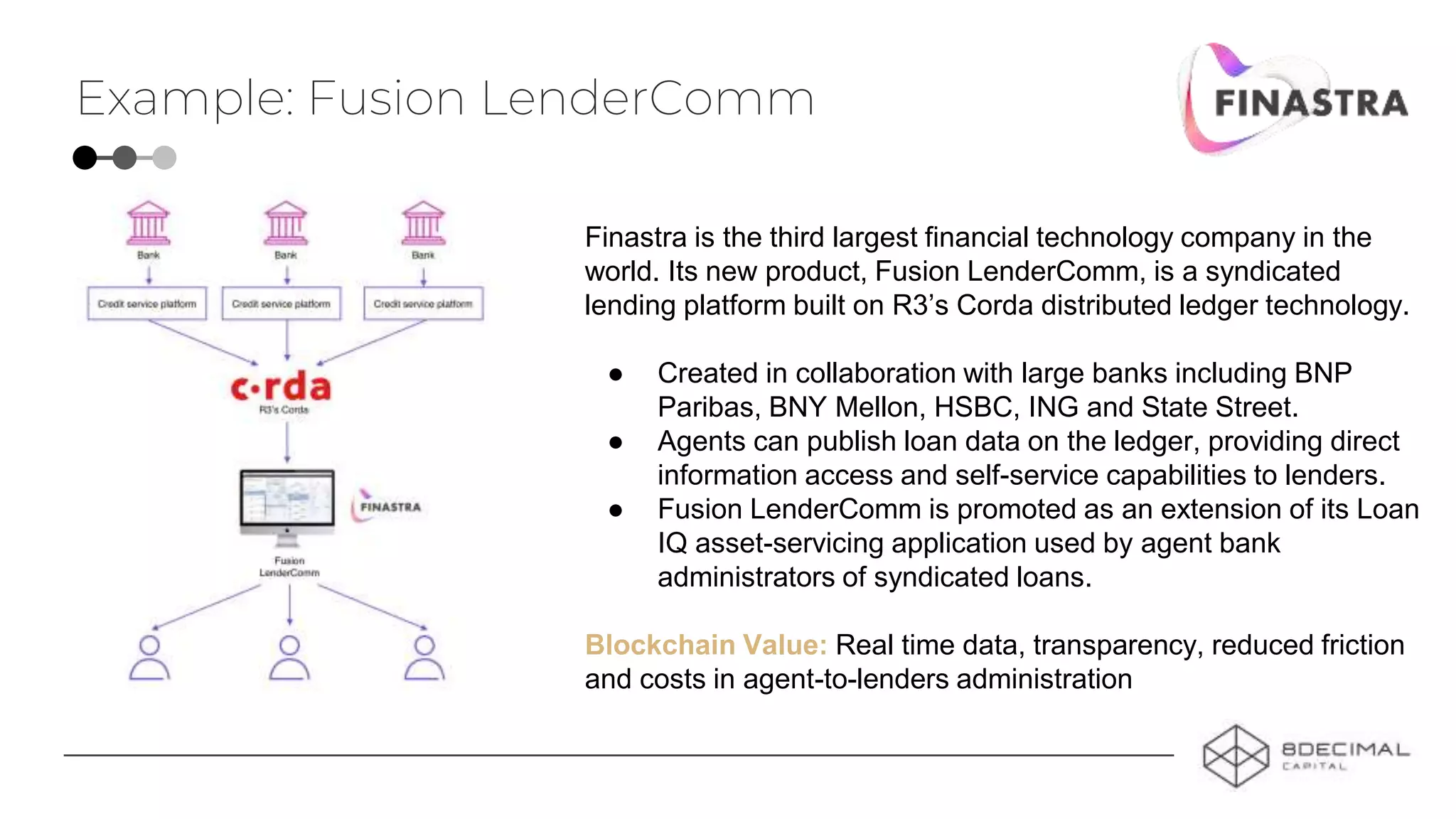 Example: Fusion LenderComm
Finastra is the third largest financial technology company in the
world. Its new product, Fusion LenderComm, is a syndicated
lending platform built on R3’s Corda distributed ledger technology.
● Created in collaboration with large banks including BNP
Paribas, BNY Mellon, HSBC, ING and State Street.
● Agents can publish loan data on the ledger, providing direct
information access and self-service capabilities to lenders.
● Fusion LenderComm is promoted as an extension of its Loan
IQ asset-servicing application used by agent bank
administrators of syndicated loans.
Blockchain Value: Real time data, transparency, reduced friction
and costs in agent-to-lenders administration
 