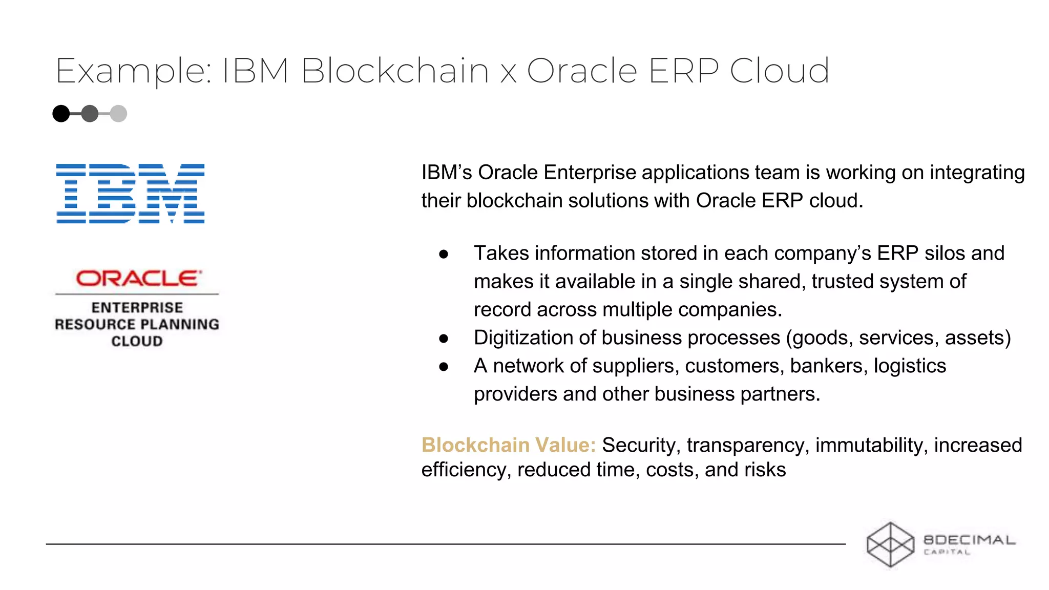 Example: IBM Blockchain x Oracle ERP Cloud
IBM’s Oracle Enterprise applications team is working on integrating
their blockchain solutions with Oracle ERP cloud.
● Takes information stored in each company’s ERP silos and
makes it available in a single shared, trusted system of
record across multiple companies.
● Digitization of business processes (goods, services, assets)
● A network of suppliers, customers, bankers, logistics
providers and other business partners.
Blockchain Value: Security, transparency, immutability, increased
efficiency, reduced time, costs, and risks
 