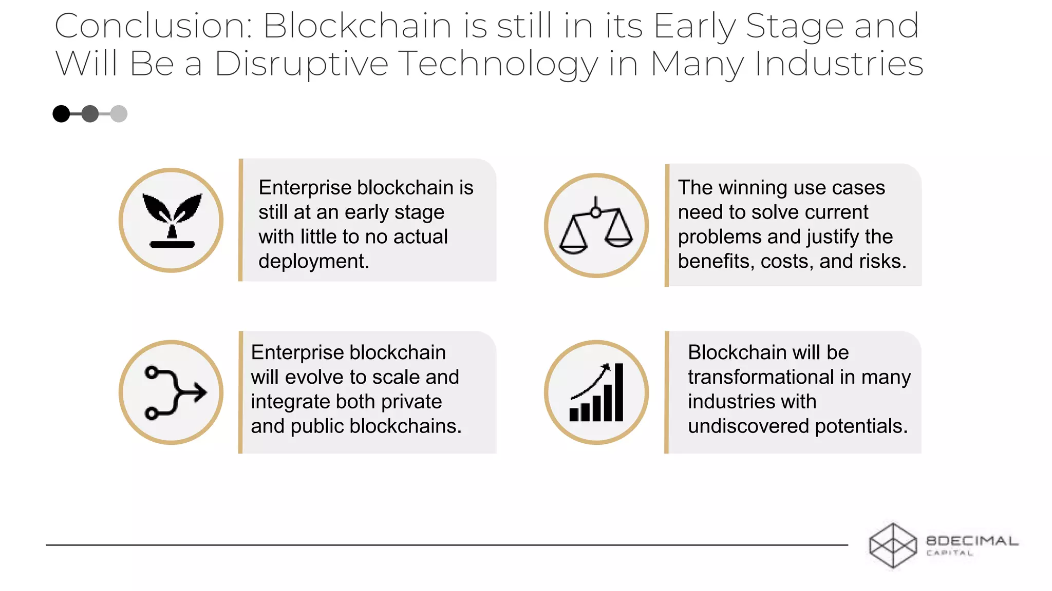 Enterprise blockchain is
still at an early stage
with little to no actual
deployment.
Conclusion: Blockchain is still in its Early Stage and
Will Be a Disruptive Technology in Many Industries
The winning use cases
need to solve current
problems and justify the
benefits, costs, and risks.
Enterprise blockchain
will evolve to scale and
integrate both private
and public blockchains.
Blockchain will be
transformational in many
industries with
undiscovered potentials.
 