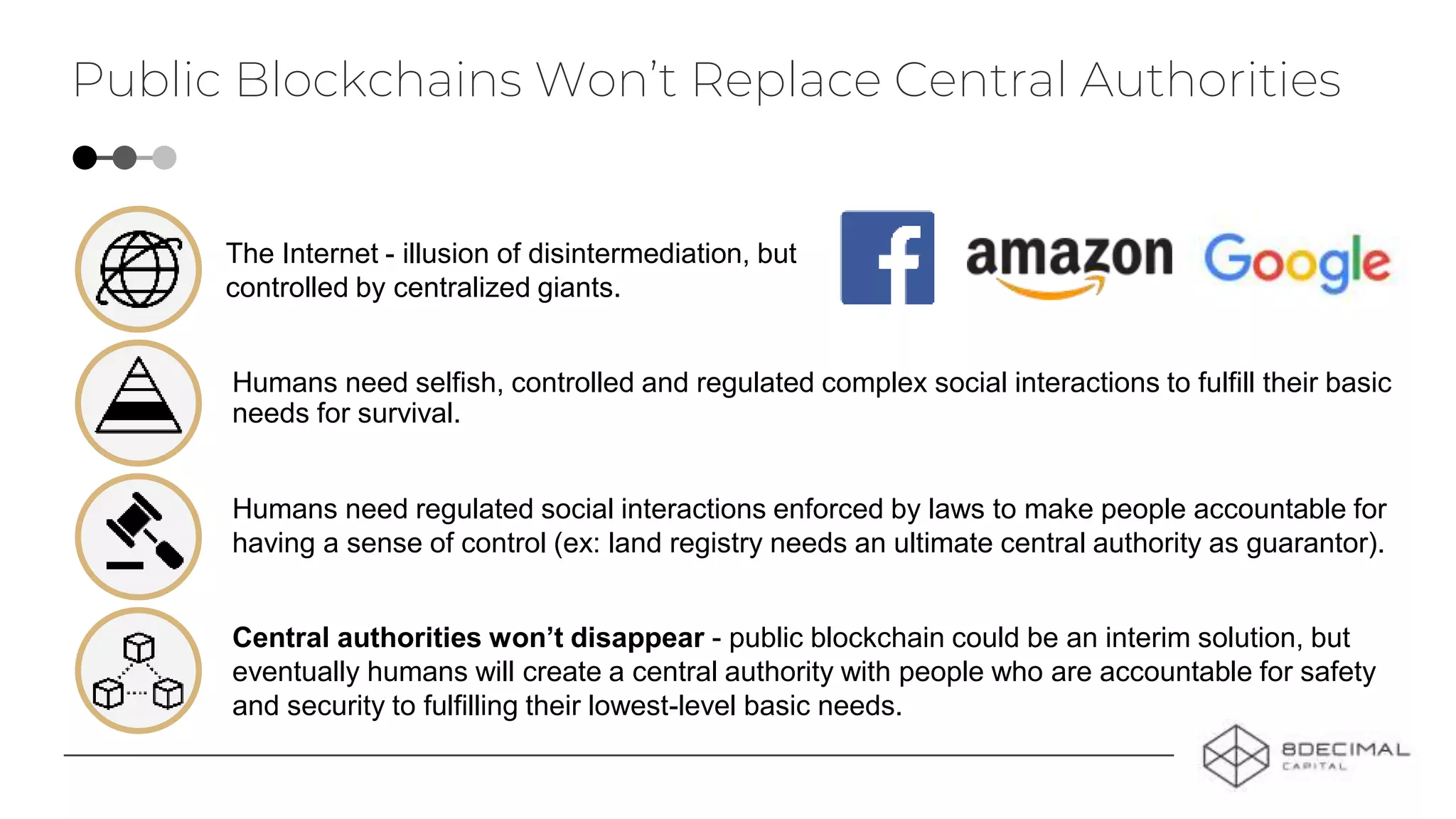 Humans need regulated social interactions enforced by laws to make people accountable for
having a sense of control (ex: land registry needs an ultimate central authority as guarantor).
The Internet - illusion of disintermediation, but
controlled by centralized giants.
Humans need selfish, controlled and regulated complex social interactions to fulfill their basic
needs for survival.
Central authorities won’t disappear - public blockchain could be an interim solution, but
eventually humans will create a central authority with people who are accountable for safety
and security to fulfilling their lowest-level basic needs.
Public Blockchains Won’t Replace Central Authorities
 