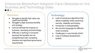 Enterprise Blockchain Adoption Face Obstacles on the
Business and Technology Sides
Business:
● Struggle to identify high-value use
cases and benefits.
● Struggle to align business benefits
and strategy.
● Cannot estimate the impacts on
business, operating and technology.
● Difficulty in working in Consortia
because the benefits are not
straightforward with competing
interests and significant governance
requirements.
Technology:
● Lack of consensus algorithms that
allows scalability while preserving
security, reliability and privacy.
● Immaturity in interoperability.
● No common language for different
smart contracts.
● Challenges in user-friendly UI/UX.
● Lack of software development
toolkits.
 