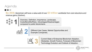 Agenda 2
By 2030, blockchain will have a value-add of over $3 trillion worldwide from cost reductions and
revenue gains (G...