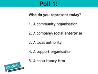 Poll 1: 
Who do you represent today? 
1. A community organisation 
2. A company/social enterprise 
3. A local authority 
4. A support organisation 
5. A consultancy firm 
 