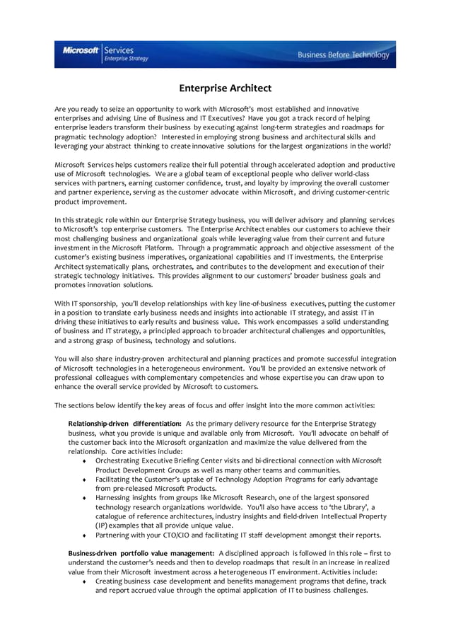 Enterprise Strategy Business Enterprise Architect Job Description PDF