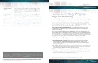 ENTERPRISE STRATEGY PORTFOLIO
   Customer Connection                           Enable connection to Microsoft and senior IT and business leaders from other
   Programs                                      customers, providing forums for sharing best practices and thought-leadership—
                                                 helping customers turn their technology investments into strategic assets. This
                                                 includes access to Microsoft’s Early Adoption Programs, where customers meet
                                                 the specific entry criteria.

   Enterprise Strategy
   Network
                                                 Includes access to a large set of subject matter expertise for bridging Microsoft
                                                 technology to business needs. The Enterprise Architect utilizes our extensive
                                                 network to orchestrate and bring in domain-specific global and regional expertise
                                                                                                                                                                             Enterprise Strategy Program
                                                 for specific customer initiatives.                                                                                          Putting Business Before Technology
   Enterprise Strategy                           Includes specialized IP 360° Assessment frameworks, reference architectures, and
                                                                        ,                                                                                                    In today’s complex corporate environment, the lines tend to blur between business objectives and the technology
   Library                                       best practices from our thousands of global engagements, synthesized by the                                                 that can help achieve those objectives. Even with the best of intentions your corporate technology may actually
                                                 Enterprise Architect to meet your specific needs.                                                                           limit—and even begin to define—your business objectives.

   Add-on Projects                               Additional projects can be purchased to allow focus on additional initiatives. Each                                         As your business places ever-increasing demands on your technology infrastructure, it’s easy to lose sight of the
                                                 Add-on Project deliverable can include a strategic plan, architecture road map,                                             big picture: instead of business goals driving technology, technology begins to drive business goals. Rather than
                                                 business case, benefits realization plan, etc.                                                                              approaching technology with strategic, long-term vision, businesses find themselves looking for short-term solutions,
                                                                                                                                                                             without fully realizing the value of the technologies in which they’ve already invested.

                                                                                                                                                                             Introducing the Microsoft® Enterprise Strategy Program. An executive-level engagement program, led by
                                                                                                                                                                             a dedicated Enterprise Architect skilled in aligning your existing Microsoft technologies and services with your
                                                                                                                                                                             company’s business objectives.

                                                                                                                                                                             After all, nobody knows Microsoft products and their capabilities better than Microsoft. But more than that, the
                                                                                                                                                                             Enterprise Strategy Program has been created to help you get the most from your entire heterogeneous enterprise-
                                                                                                                                                                             wide technical landscape. With the Enterprise Architect, you’ll get proven solutions and guidance from an executive
                                                                                                                                                                             who has faced and delivered on the same kinds of challenges you’re dealing with today, and the experience gleaned
                                                                                                                                                                             from a software company that has learned from countless enterprise engagements across the globe.

                                                                                                                                                                             The Value of the Enterprise Strategy Program
                                                                                                                                                                             According to Forrester Research*, the following benefits are the outcome of an Enterprise Strategy
                                                                                                                                                                             Program engagement:
                                                                                                                                                                             ■    Accelerating business and IT outcomes. A broad combination of Enterprise Architect activities allowed
                                                                                                                                                                                  customers to reach their desired end-states faster, often with improved outcomes. This results in faster
                                                                                                                                                                                  “time-to-market” for projects with associated downstream benefits, and reduced labor expense associated
                                                                                                                                                                                  with project implementation.
                                                                                                                                                                             ■    De-risking the IT environment. By creating effective IT/business technology road maps and using best practice
                                                                                                                                                                                  advice, customers were able to reduce both project execution and operational risk from their IT environments.
                                                                                                                                                                                  This results in reduced IT operations labor expense and project rework costs.
                                                                                                                                                                             ■    Optimizing business/IT alignment. Having access to the right business stakeholders allowed Enterprise
                                                                                                                                                                                  Architects to create optimized IT/business road maps, and ensure that the appropriate Microsoft technologies
                                                                                                                                                                                  were used to maximize business outcomes. This results in improved timeliness and quality of IT delivered, which
                                                                                                                                                                                  generates incremental user productivity and avoids project rework costs.

      To learn more about how the Microsoft Enterprise Strategy Program can help you align your business
      objectives with your existing Microsoft technologies while realizing the full value of your Microsoft
      Enterprise Agreement, call or contact your Microsoft Sales representative for a comprehensive presentation
      and prospectus. Or visit www.microsoft.com/services for more information.
                                                                                                                                                                             *“The Total Economic Impact of Microsoft Services‘ Enterprise Strategy Program,” Forrester Research, Inc., May 2010

© 2010 Microsoft Corporation. All rights reserved. This data sheet is for informational purposes only. MICROSOFT MAKES NO WARRANTIES, EXPRESS OR IMPLIED, IN THIS SUMMARY.
Microsoft is either a registered trademark or trademark of the Microsoft group of companies.
                                                                                                                                                                                 Business Before Technology
 