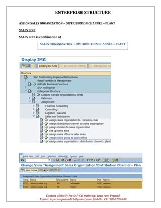 ENTERPRISE STRUCTURE
Contact globally for SAP SD training: Jaya ram Prasad
E mail: jayaramprasad26@gmail.com Mobile: +91 9866293649
ASSIGN SALES ORGANIZATION – DISTRIBUTION CHANNEL – PLANT
SALES LINE
SALES LINE is combination of
SALES ORGANIZATION + DISTRIBUTION CHANNEL + PLANT
 