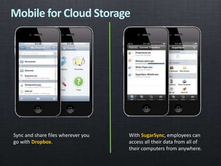 Mobile for Cloud Storage
With SugarSync, employees can
access all their data from all of
their computers from anywhere.
Sync and share files wherever you
go with Dropbox.
 